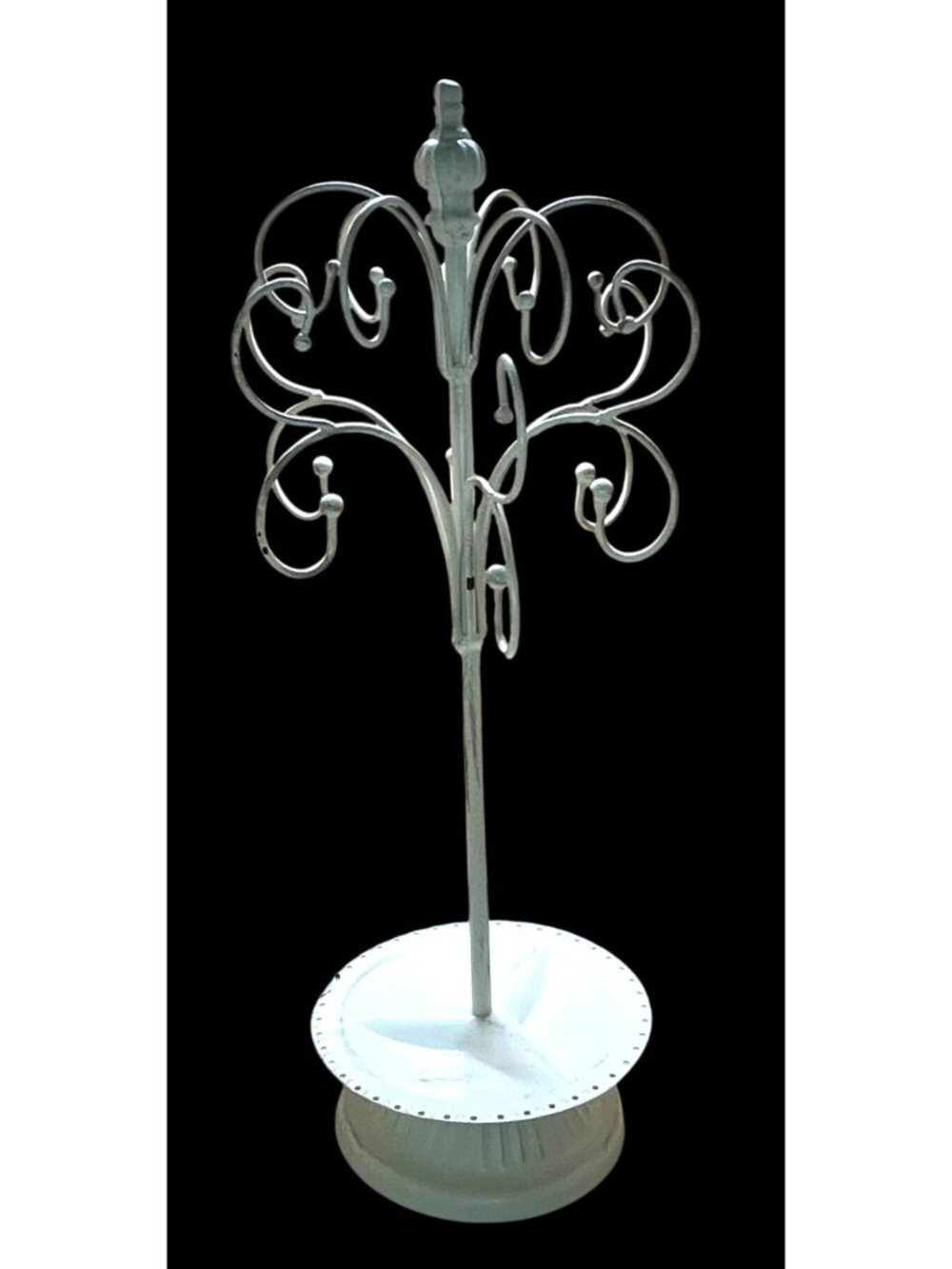 White Metal Jewelry Tree Stand with Scroll Design & Circular Base Approx. 16 Inc